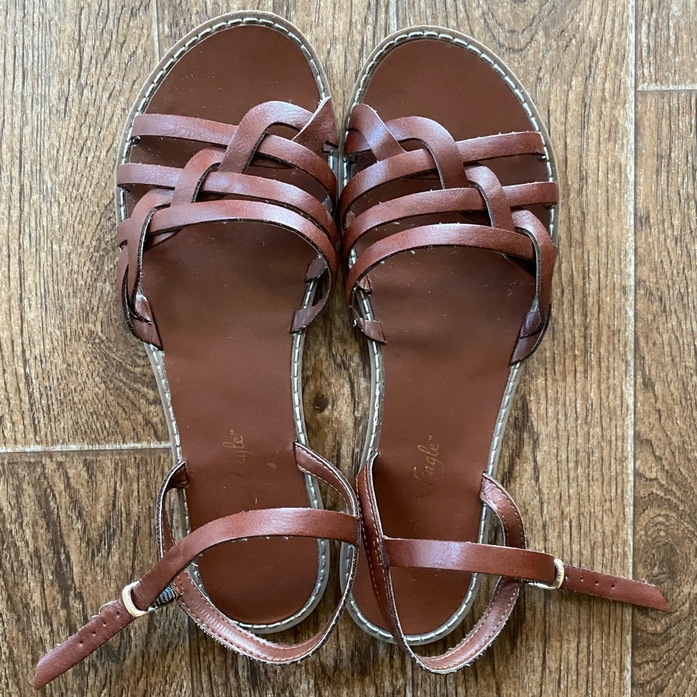 AE brown faux leather strappy sandals